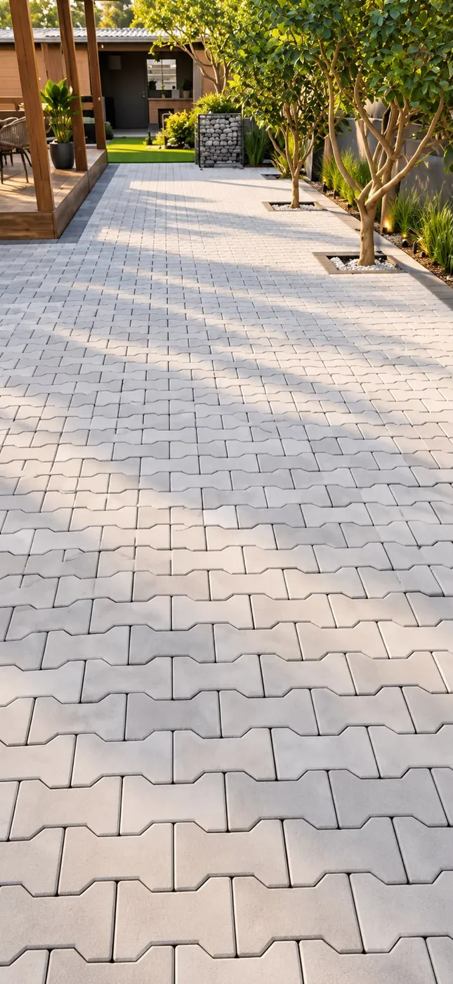 Caminho estreito pavimentado com peças em formato ossinho