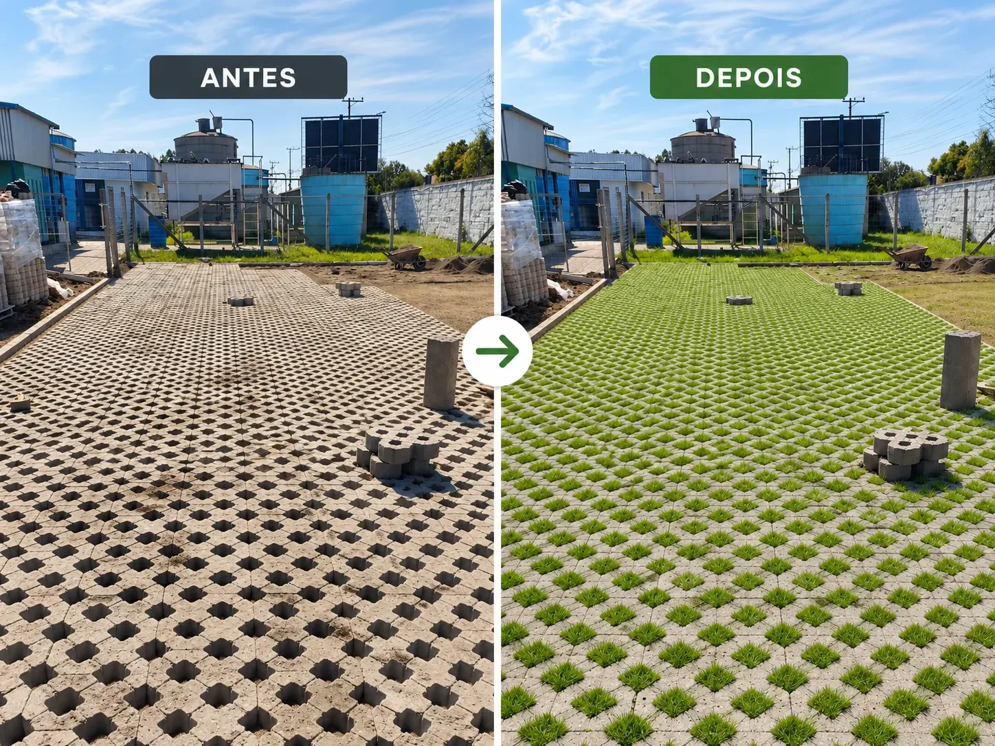 Comparação ilustrativa de pavigrama em pátio: antes sem vegetação e depois com grama nas peças