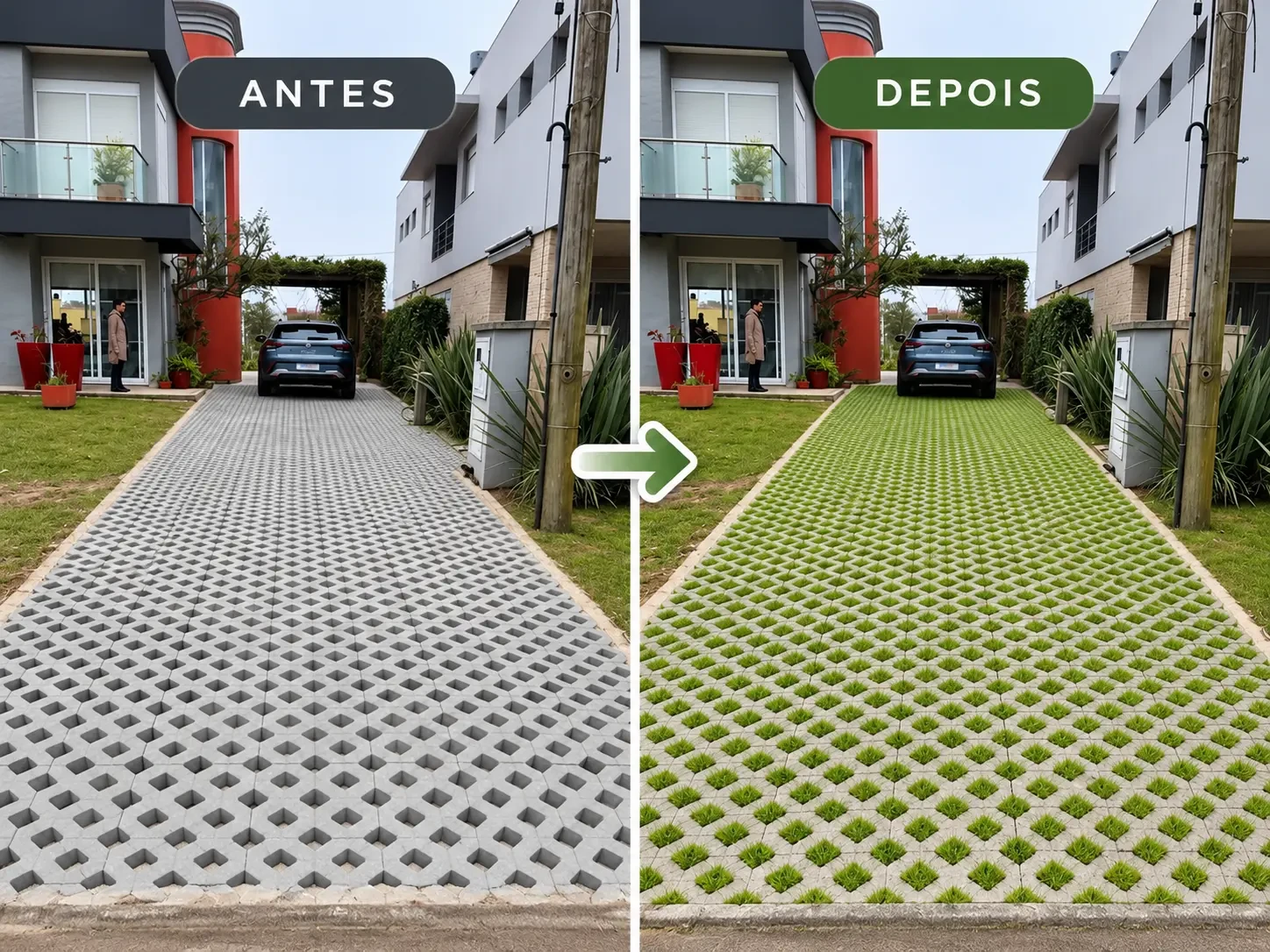 Comparação ilustrativa de entrada residencial com pavigrama antes e depois do preenchimento com grama